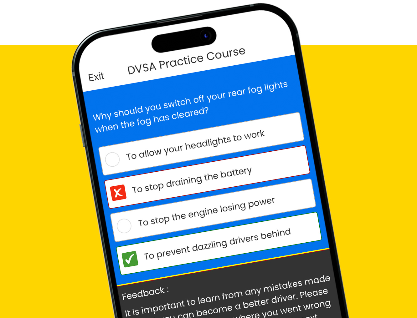 A Theory Test Suite practice question and feedback on a smartphone
