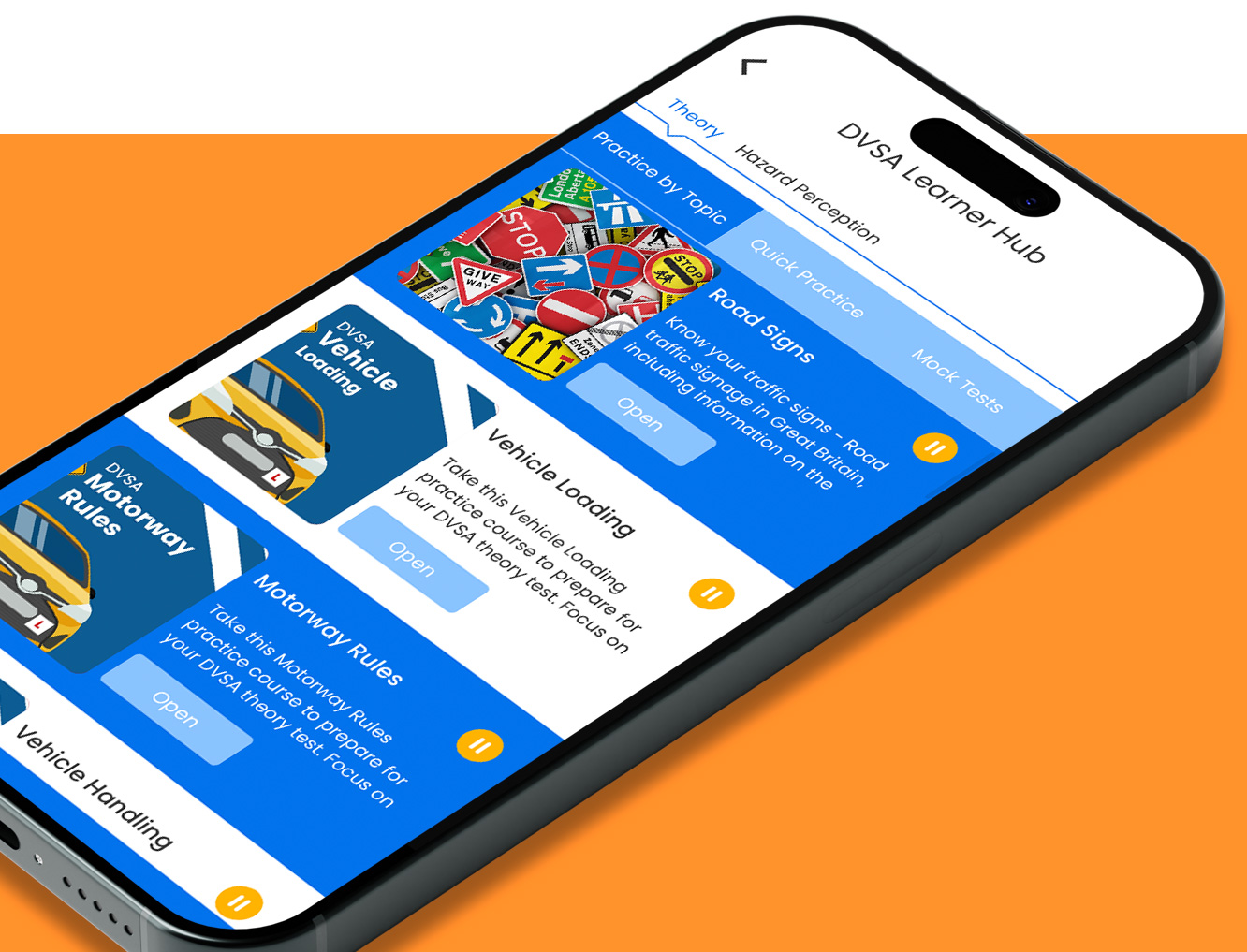 Theory Test Suite learning topics displayed on a smartphone